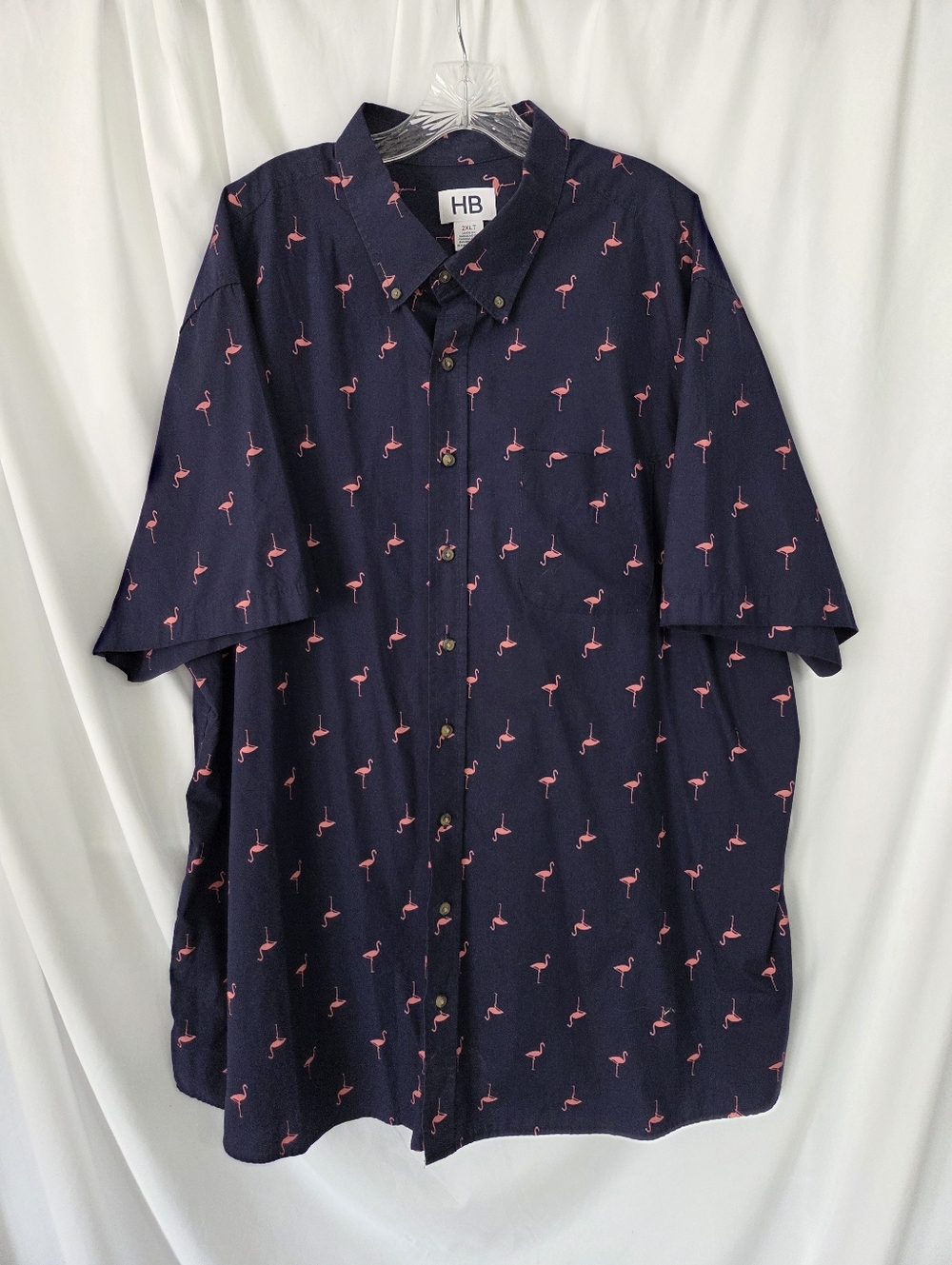 HB Navy Button-Down Shirt with Pink Flamingo Print Size 2XLT